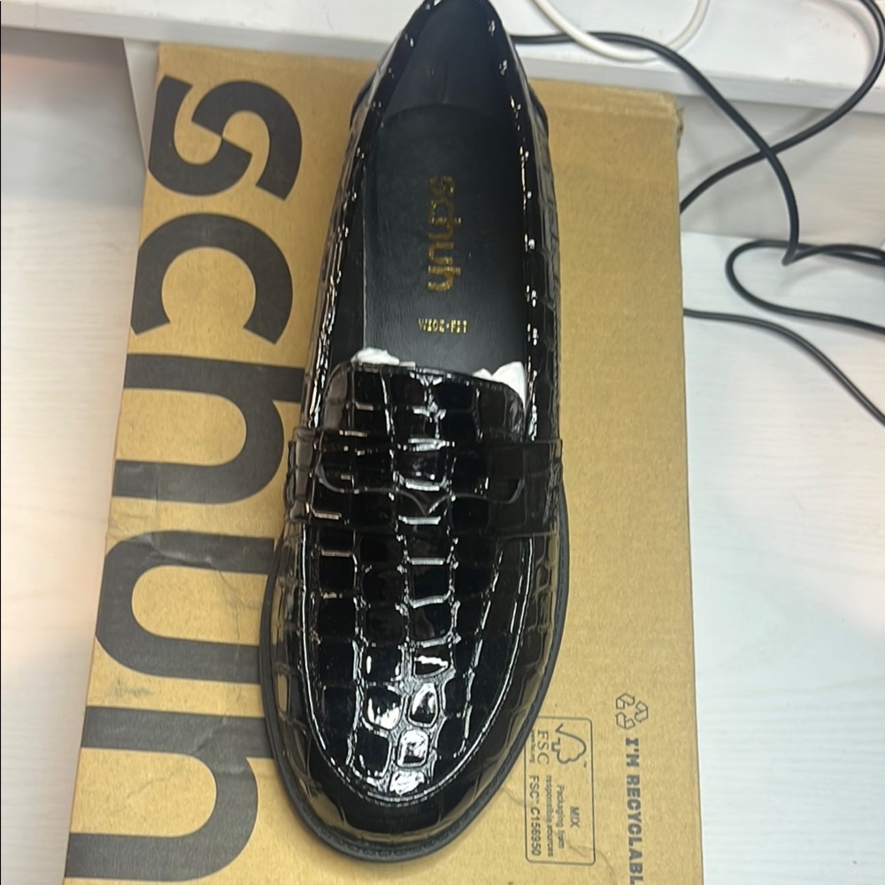 Black Patent Leather Flats with Croc Embossed Texture